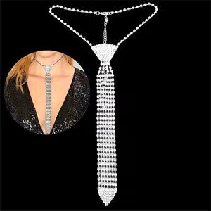 Rhinestone Tie Necklace Tassel Statement Sparkle Hollywood Glam Trendy Stylish